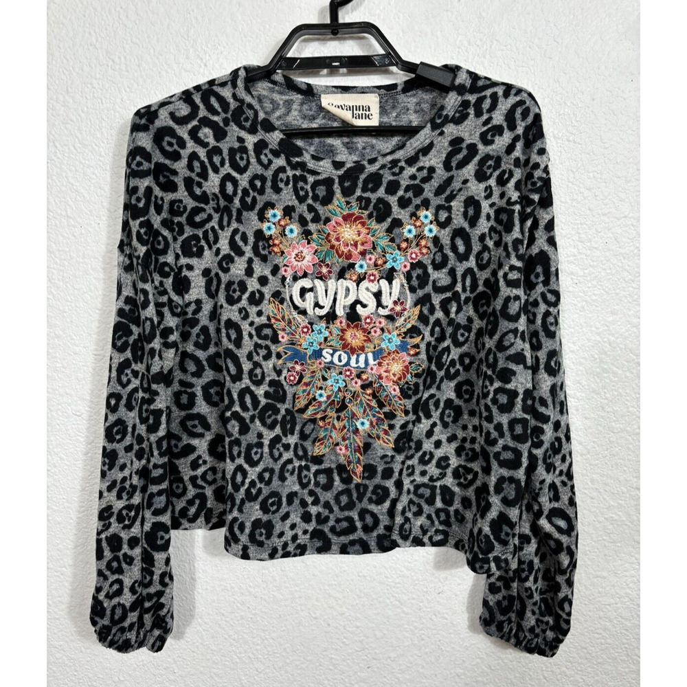 Savanna Jane Top Womens Small Gypsy Soul Embroidered Floral Knit Leopard Cropped
